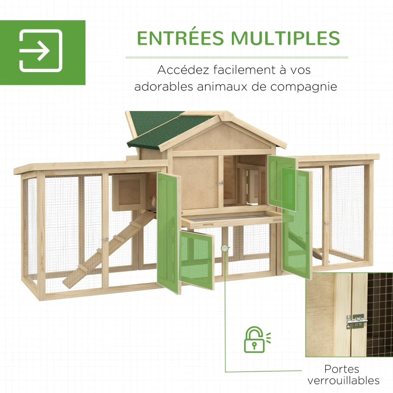 PawHut Poulailler clapier modèle chalet multi-équipé : rampes, nichoirs, plateau, en bois massif 204 x 85 x 93 cm bois naturel