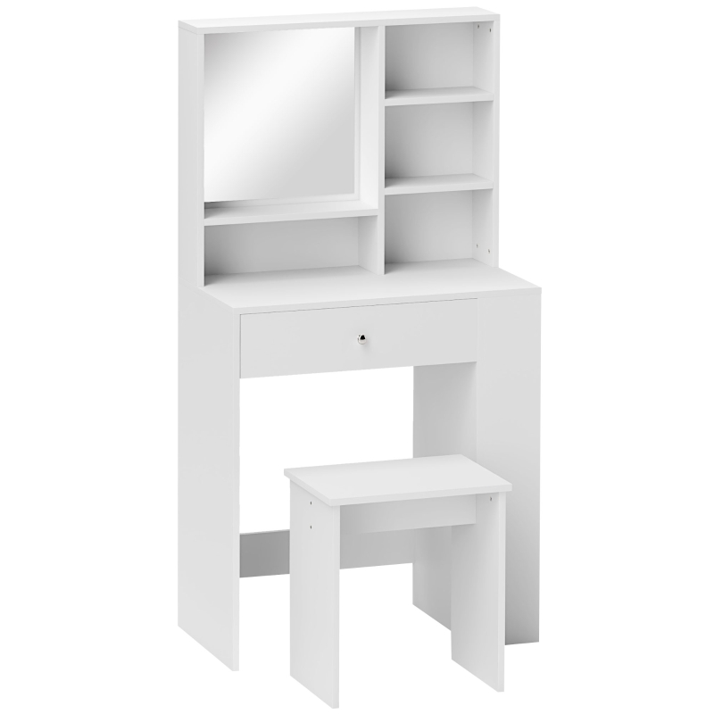 HOMCOM Set Toeletta da Trucco con Tavolino e Sgabello, Specchio e Ripiani in Legno, Bianco