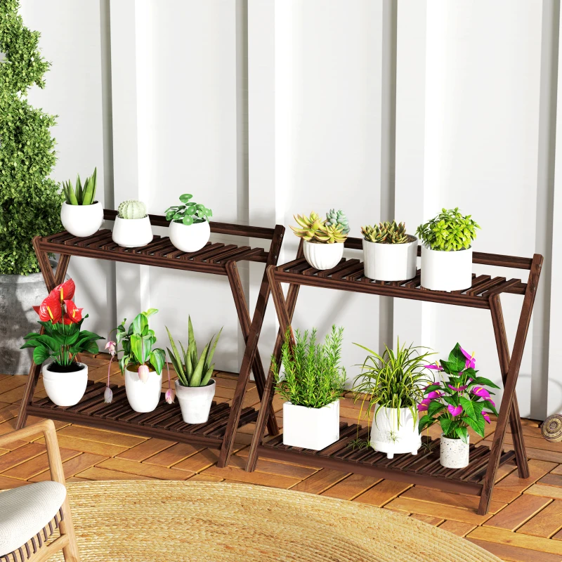 Outsunny Lot de 2 support plantes intérieur 2 niveaux étagères à plants avec support arrière 73 x 36 x 64 cm marron