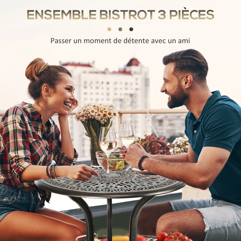 Outsunny Ensemble Salon de Jardin 2 Places 2 chaises + Table Ronde style charme rétro en fonte d'aluminium, bronze