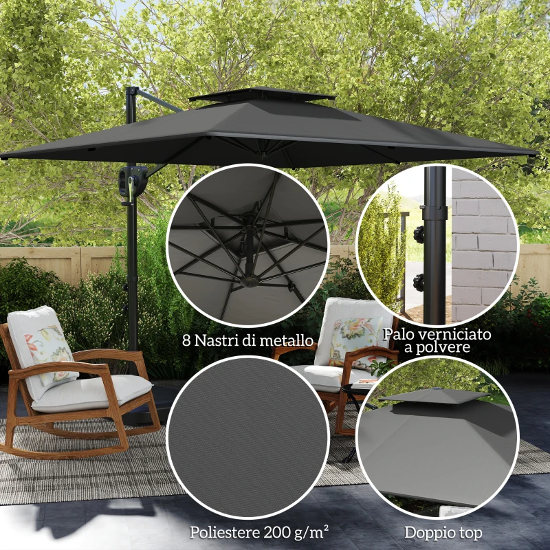 Outsunny Ombrellone a Braccio 2.5x2.5 m con Base Riempibile, Manovella e Testa Inclinabile, Grigio Scuro