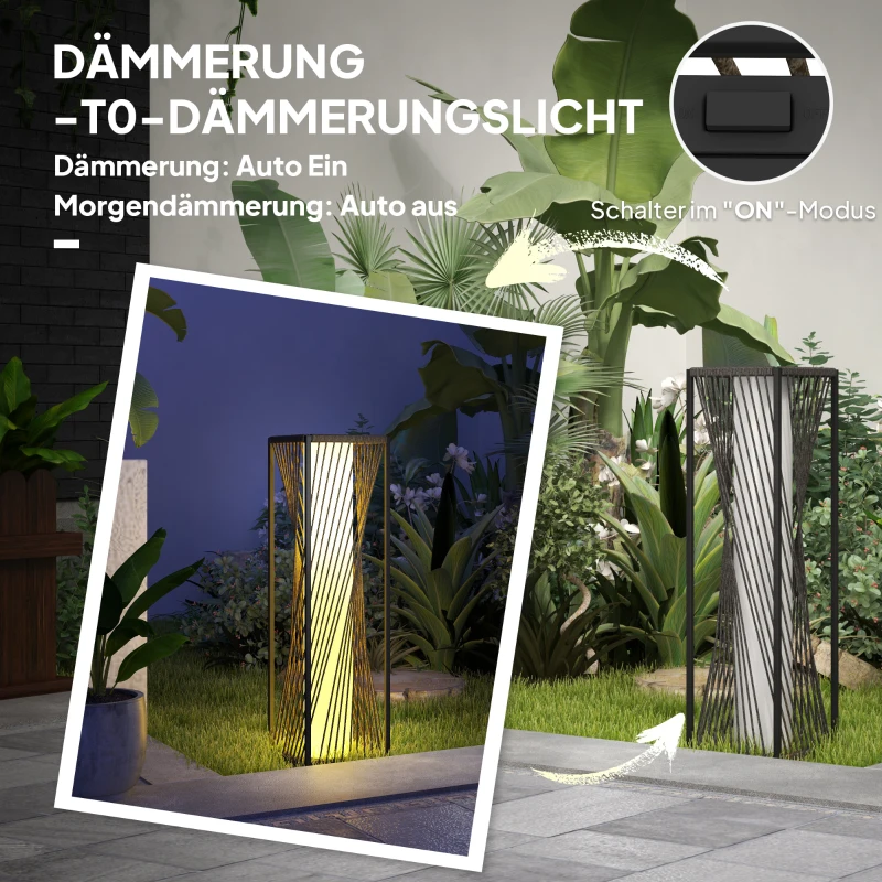 Outsunny Staande Zonnelamp Rattan met Lichtsensor 25 LED Zonnepanelen in Boho-Stijl IP44 Waterdicht Zwart+Grijs