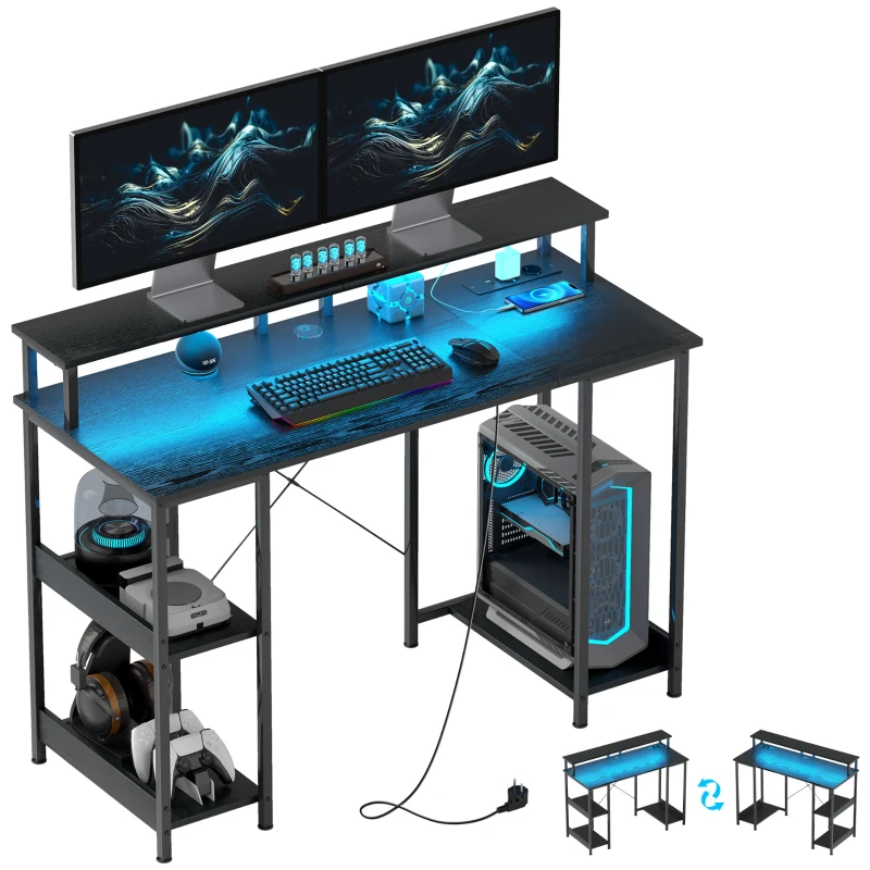 HOMCOM Birou Reversibil pentru Calculator cu Prize, Lumini LED, Suport Dublu și Rafturi Reglabile, 120x50x89,5 cm, Negru