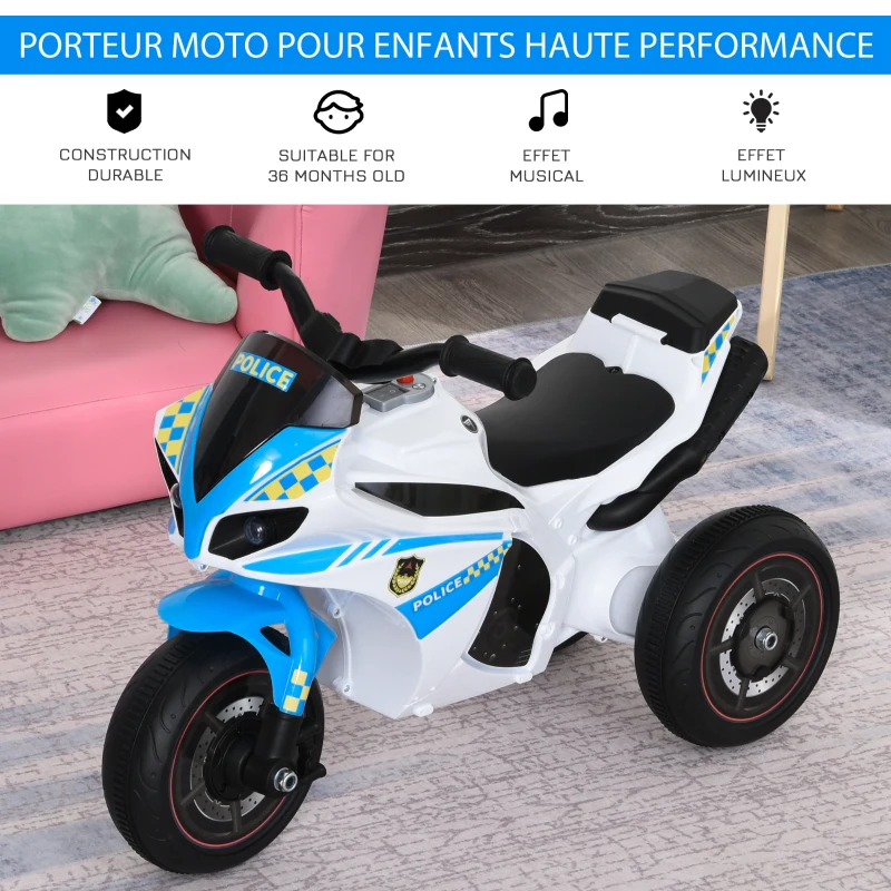 HOMCOM Porteur Enfants Moto de Course Effets musicaux et Lumineux Coffre Rangement Bleu Blanc