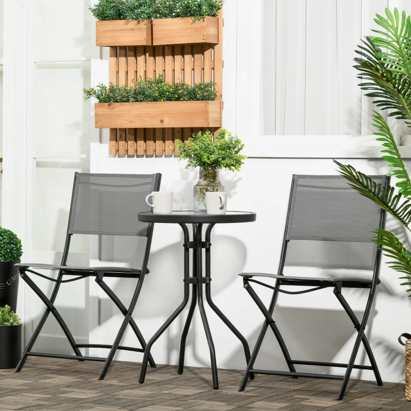 Outsunny Set de Gradina 3 Bucati din Otel cu 2 Scaune Pliabile din Material Plasa Respirabil si Masa de Gradina Rotunda cu Blat din Sticla Securizata