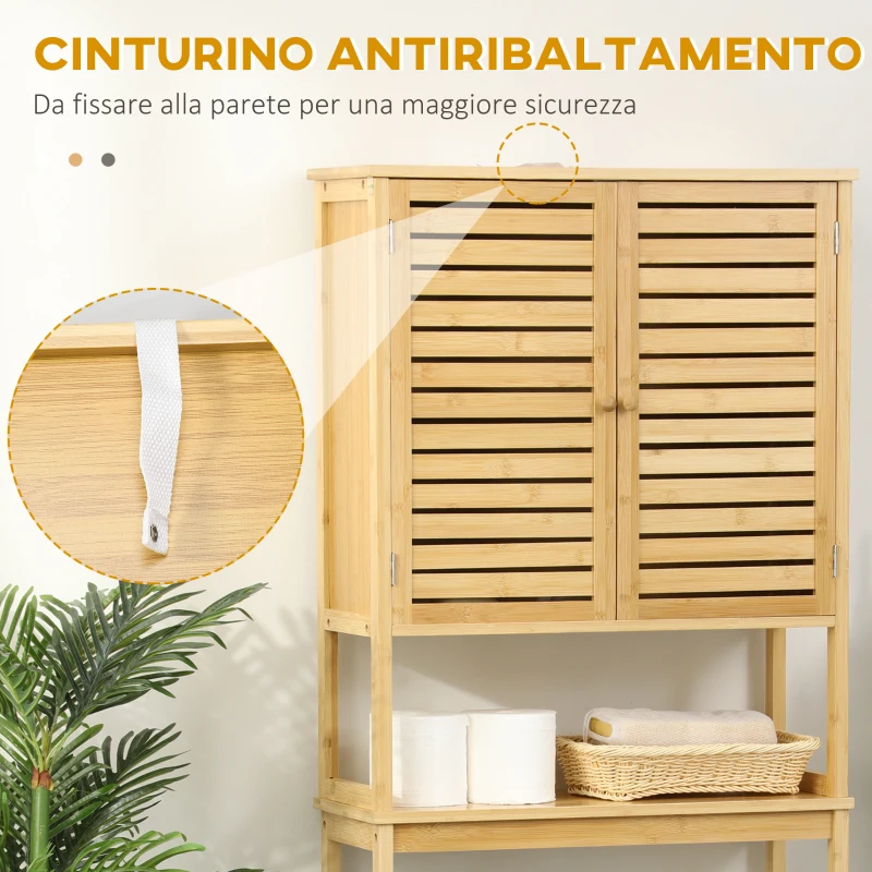 kleankin Mobile Bagno Sopra WC Salvaspazio in Bambù , Scaffale per Lavatrice con Armadietto a 2 Ante, 60x23x173cm