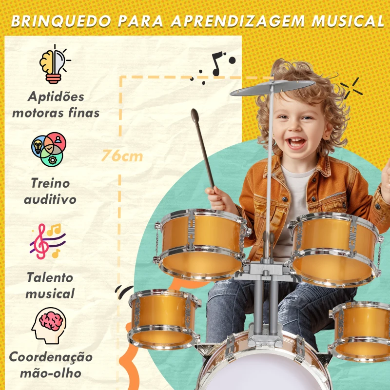 AIYAPLAY Bateria Infantil Bateria para Crianças acima de 3 Anos com Tambores Bombo Prato Pedal e Baquetas 65x36x76 cm Dourado