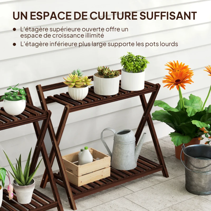 Outsunny Lot de 2 support plantes intérieur 2 niveaux étagères à plants avec support arrière 73 x 36 x 64 cm marron