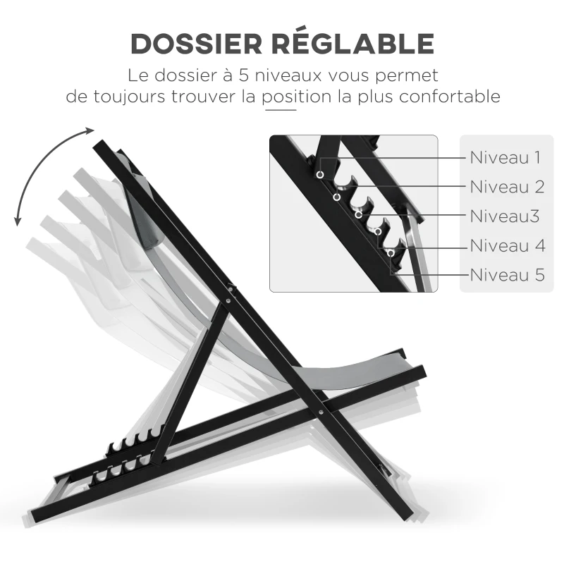 Outsunny Lot de 2 bain de soleil, chaise longue pliante avec appuie-tête en textilène inclinable 60 x 100 x 85 cm gris foncé