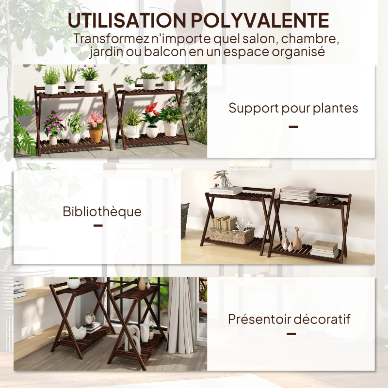 Outsunny Lot de 2 support plantes intérieur 2 niveaux étagères à plants avec support arrière 73 x 36 x 64 cm marron