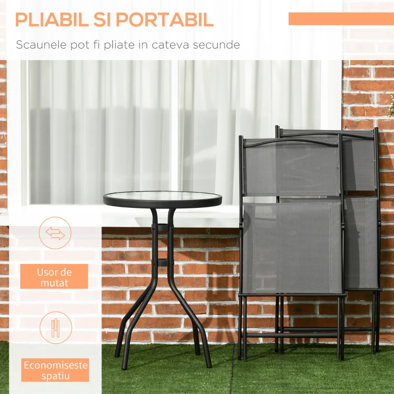 Outsunny Set de Gradina 3 Bucati din Otel cu 2 Scaune Pliabile din Material Plasa Respirabil si Masa de Gradina Rotunda cu Blat din Sticla Securizata