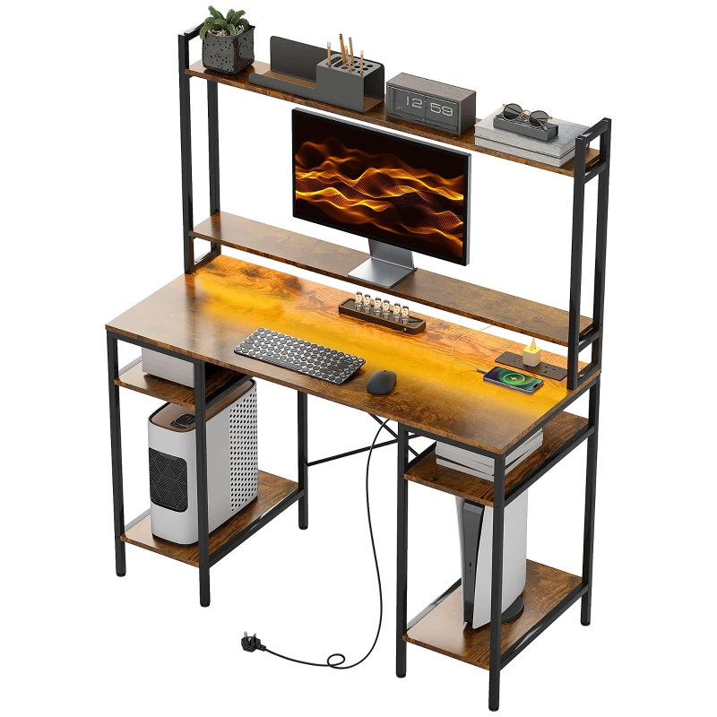 HOMCOM Computer Desk with Power Outlets and LED Lights, Home Office Desk with Monitor Stand, 2 CPU Stands and Storage Shelves, Study Table Gaming Desk with Hutch, Rustic Brown
