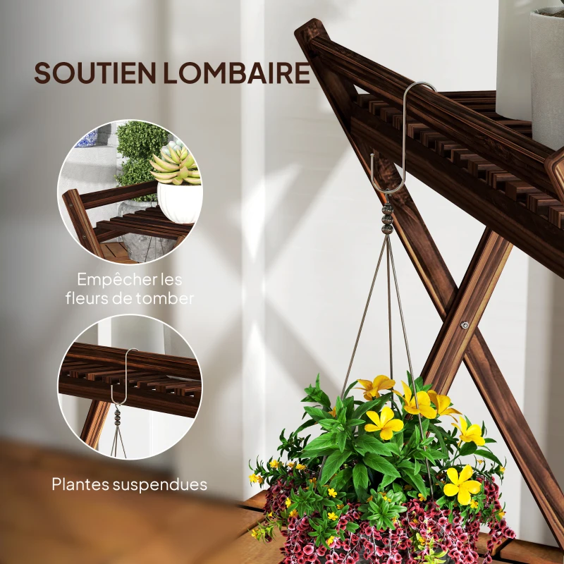 Outsunny Lot de 2 support plantes intérieur 2 niveaux étagères à plants avec support arrière 73 x 36 x 64 cm marron