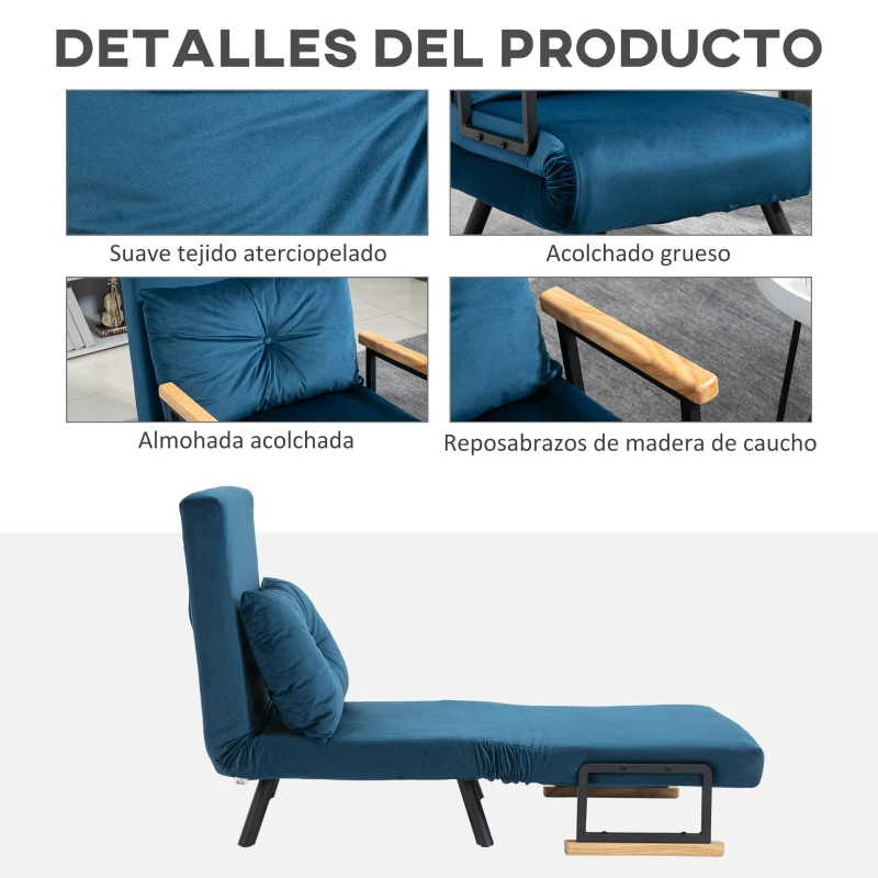 HOMCOM Pack de 2 Sofás Cama de 1 con Respaldo Ajustable de 5 Niveles y Almohadas Acolchadas 63x73x81 cm Azul