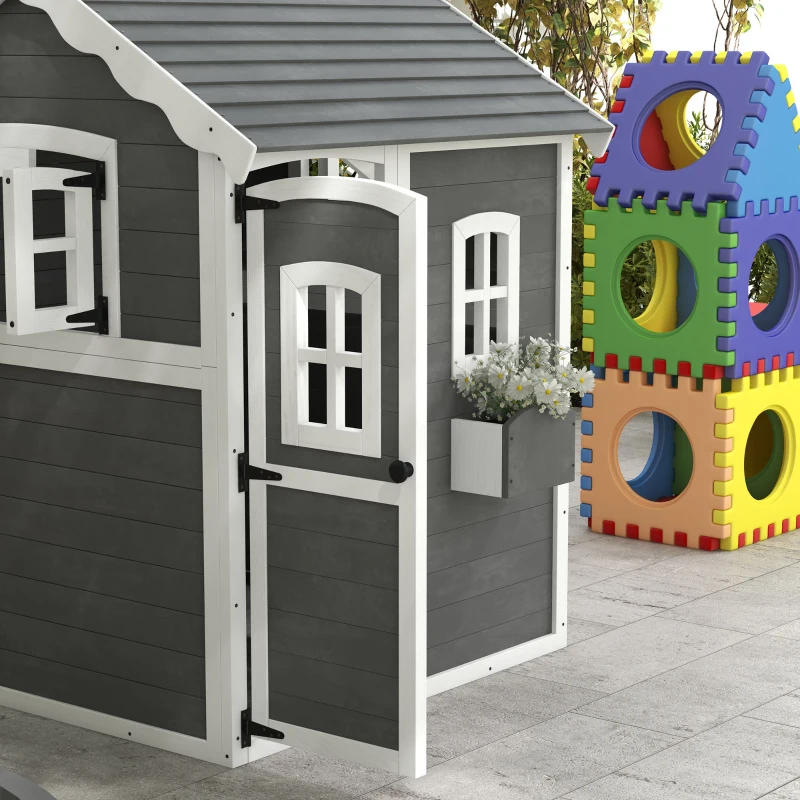 Outsunny Speelhuis voor Kinderen, Indoor en Outdoor Speelhuis met Deur, Ramen en Plantenbak, Dennenhout, Grijs
