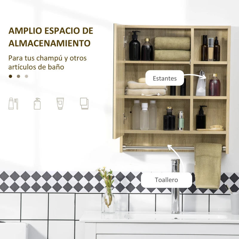 kleankin Armario de Baño de Pared con Espejo Estantes Ajustables y Toallero Diseño Compacto para Lavabo o WC 60x15x70 cm Roble