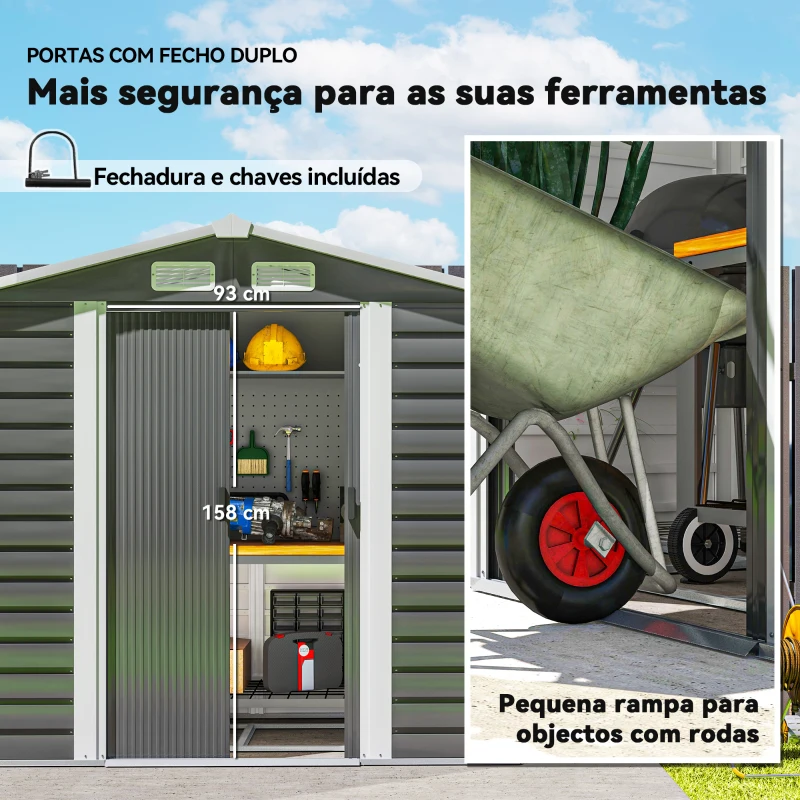 Outsunny Abrigo de Jardim Exterior 2,36m² 213x120x194 cm com Base Reforçada (Piso NÃO Incluído) e Portas de Correr Cinza Escuro