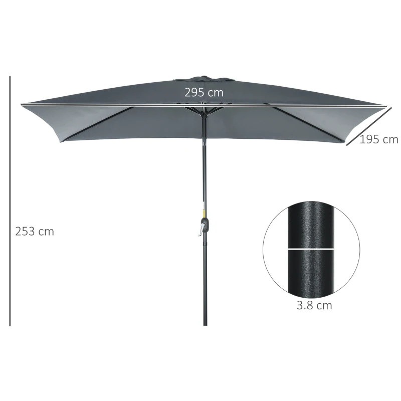Outsunny 3x2m Patio Parasol Garden Umbrellas Canopy with Aluminium Tilt Crank Rectangular Sun Shade Steel, Dark Grey