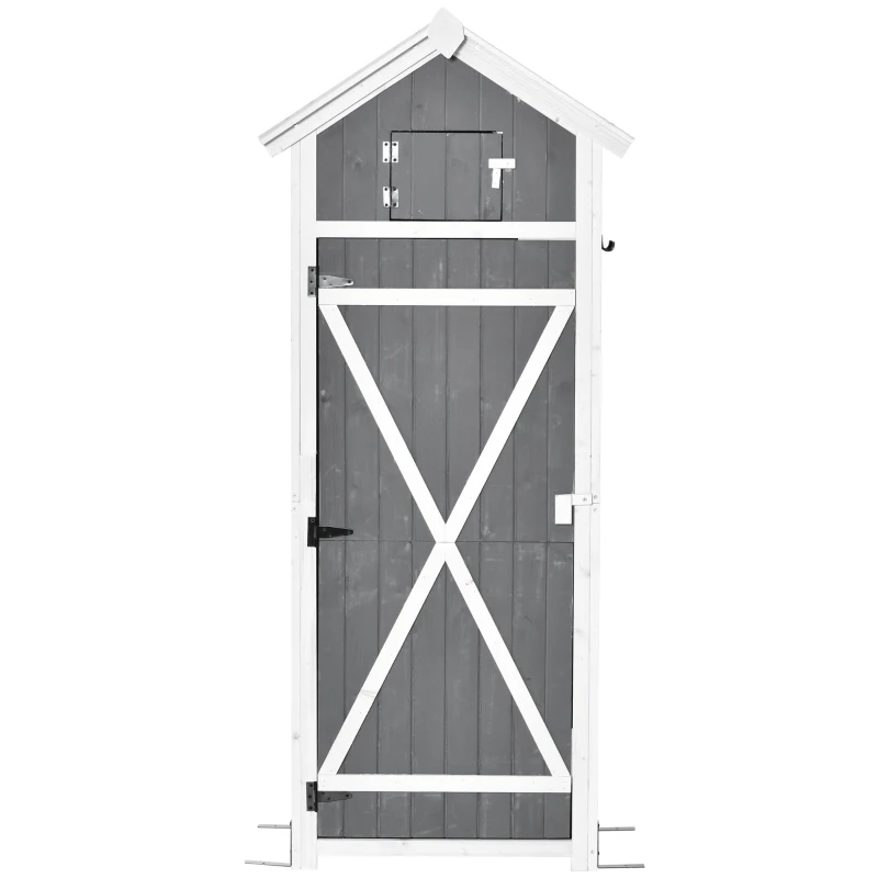 Outsunny Gartenschrank Holz, Geräteschuppen wetterfest 78x52,5x182cm, Gerätehaus mit Tür, Satteldach, Geräteschrank mit Haken, faltbar Tisch, Werkzeugschrank Gartenschuppen für Garten, Terrasse, Grau