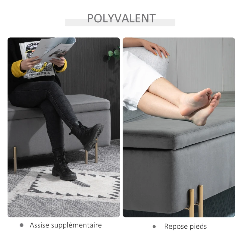 HOMCOM Banc de rangement coffre de rangement design contemporain- banc avec espace de stockage - dim. 100L x 40l x 42H cm - velours gris foncé piètement métal doré