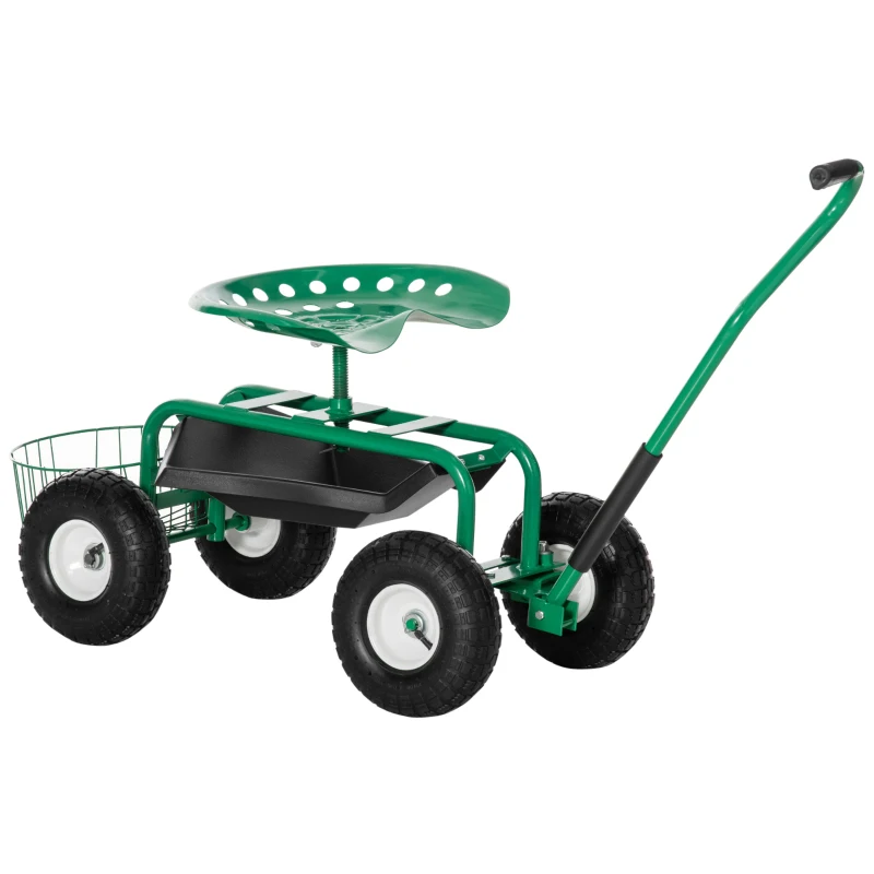 Outsunny Gartenwagen mit Rollsitz bis 150 kg mit Ablage Korb für kleine Gartengeräte Werkstattwagen fahrbar Gartensitz Richtung steuerbar Sitzhöhe 46-59 cm höhenverstellbar Metall Gummi Grün