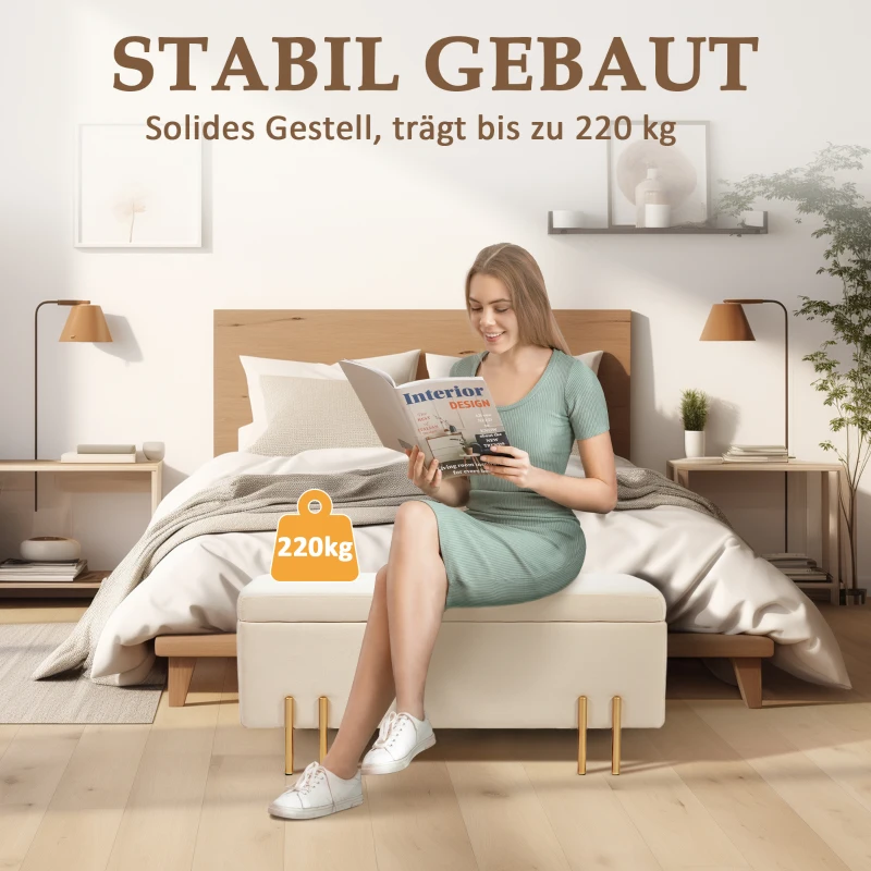 HOMCOM Polsterbank mit Stauraum, Truhenbank, Schaumstoff, Metall, Kautschukholz, 100 x 40 x 42 cm, Beige(m-7)
