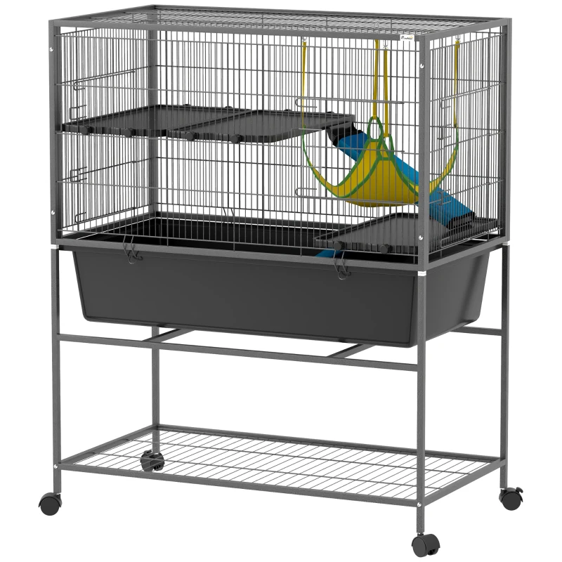 PawHut Jaula para Animales Pequeños de 3 Niveles con Rampas Antideslizantes Puertas Amplias y Ruedas con Freno 88x48x102cm Gris