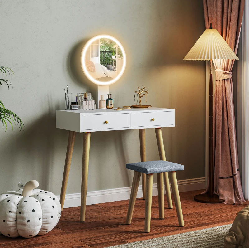 HOMCOM Tocador de Maquilhagem com Luz LED e Banco Mesa de Maquilhagem com Espelho Brilho Ajustável 3 Cores 80x43x133 cm Branco