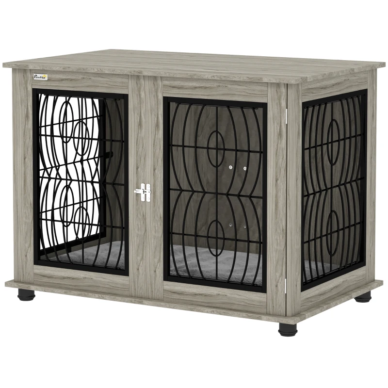 PawHut Indoor Dog Crate Furniture End Table with Soft Washable Cushion, Lockable Front Door, for Large Dogs - Grey