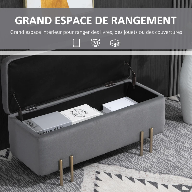HOMCOM Banc de rangement coffre de rangement design contemporain- banc avec espace de stockage - dim. 100L x 40l x 42H cm - velours gris foncé piètement métal doré
