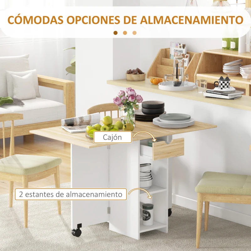 HOMCOM Mesa de Cocina Plegable con Ruedas Alas Abatibles Cajón y Estantes para 2-4 Personas 120x72x75 cm Roble y Blanco
