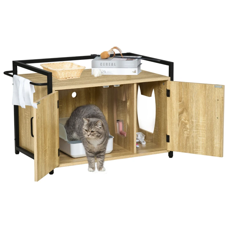 PawHut Katzenschrank für Katzentoilette Katzenklo Beistelltisch Katzenhaus Katzenkommode Schrank Natur 82,3 x 51 x 54 cm