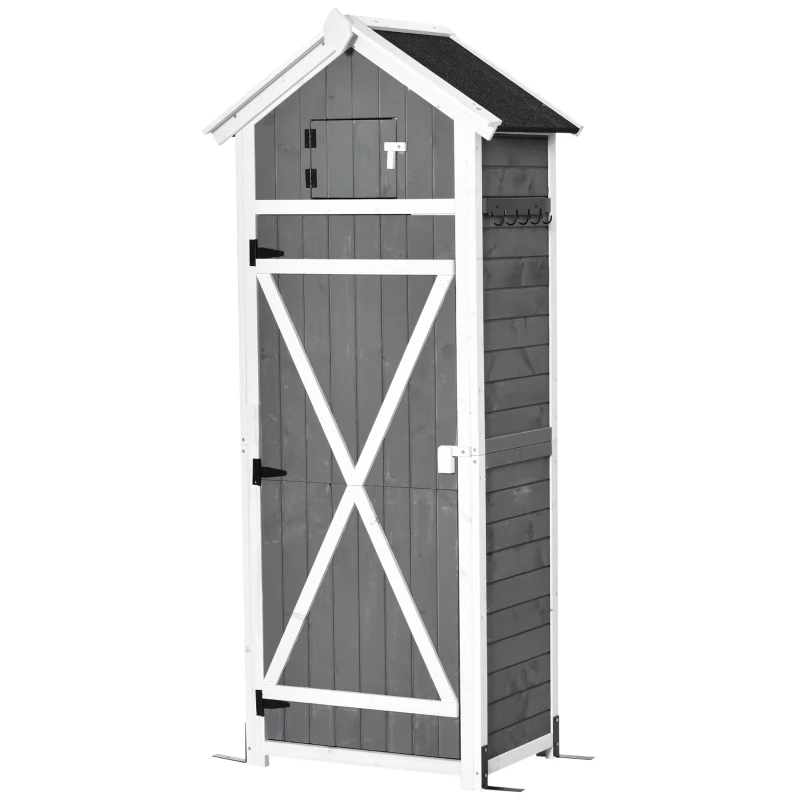 Outsunny Gartenschrank Holz, Geräteschuppen wetterfest 78x52,5x182cm, Gerätehaus mit Tür, Satteldach, Geräteschrank mit Haken, faltbar Tisch, Werkzeugschrank Gartenschuppen für Garten, Terrasse, Grau