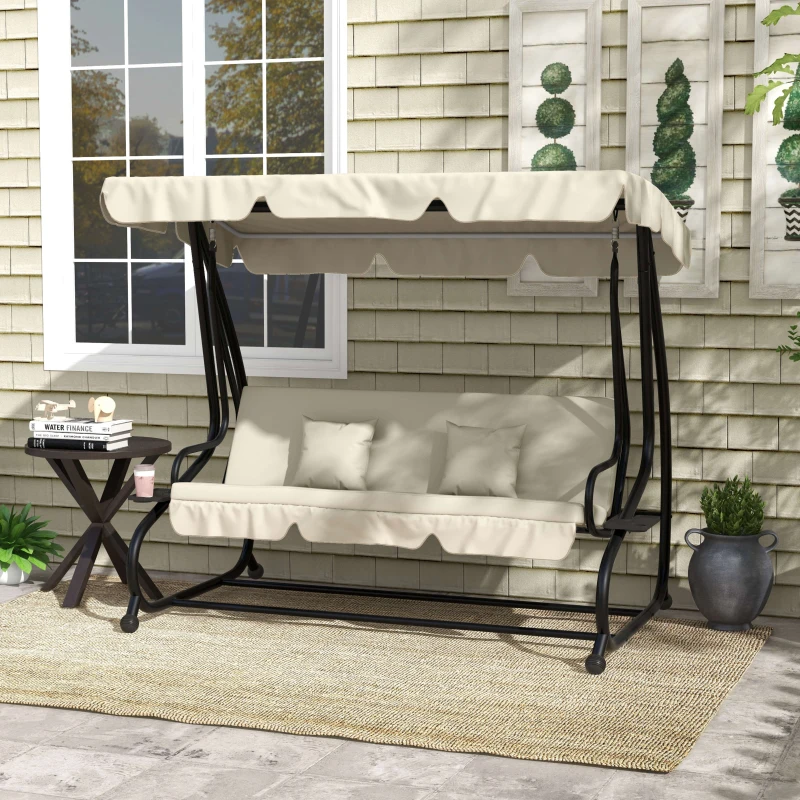 Outsunny 2-in-1 Tuinschommel met Ligfunctie, Verstelbaar Dak, tot 340 kg, Staal, 200x120x164 cm, Crèmewit