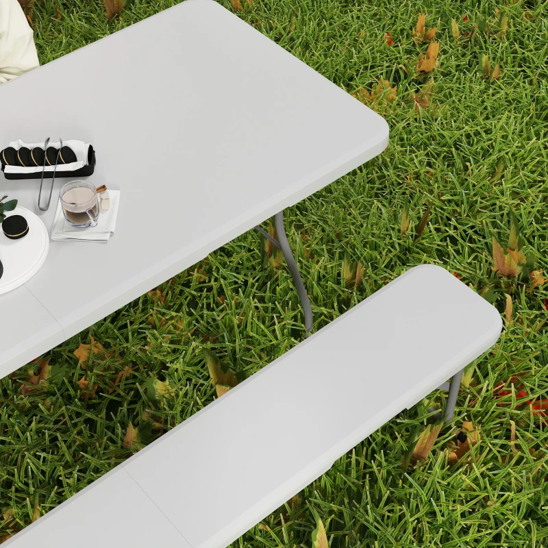 Outsunny Set da Pic Nic Pieghevole a 3 Pezzi con Tavolo e 2 Panche in HDPE e Metallo, Bianco e Grigio Chiaro