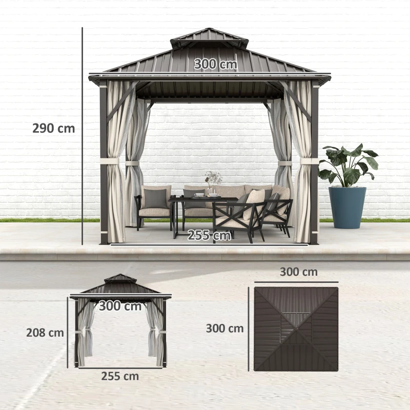 Outsunny 3 x 3(m) Hardtop Gazebo Canopy with Double Metal Roof, Waterproof Permanent Pavilion Garden Gazebo with Netting and Curtains, Easy to Assemble