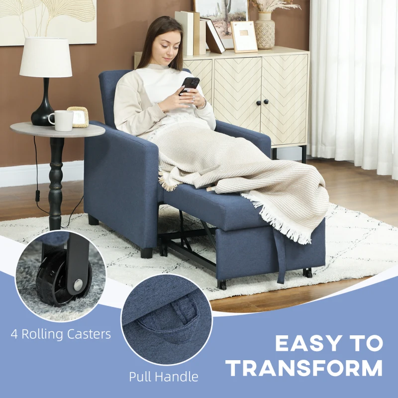 HOMCOM 3-In-1 Chair Bed, Convertible Sleeper Chair with Adjustable Backrest, Pillow and Footrest for Living Room, Blue