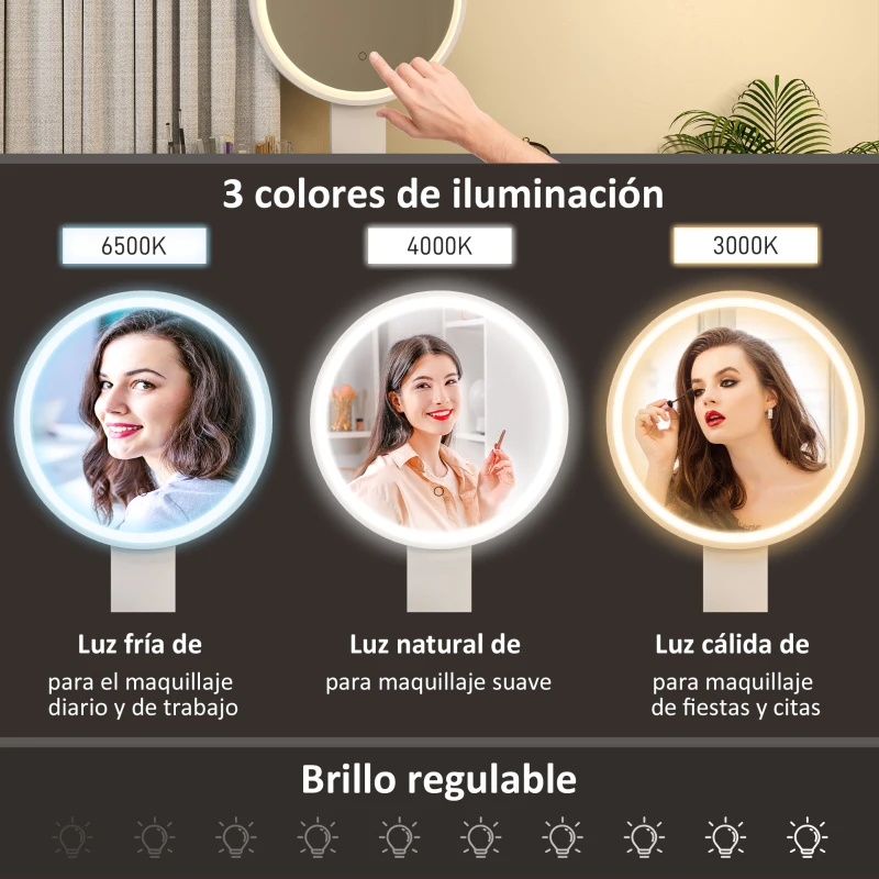 HOMCOM Tocador con Espejo Redondo Luces LED Ajustables y Taburete Acolchado con 2 Cajones y Organizador de Maquillaje Blanco
