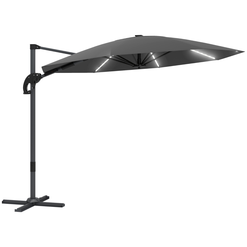 Outsunny Aluminiowy Parasol Ogrodowy LED Solar Ø300 cm Regulowana Wysokość z Korbką UV50+ Ciemnoszary