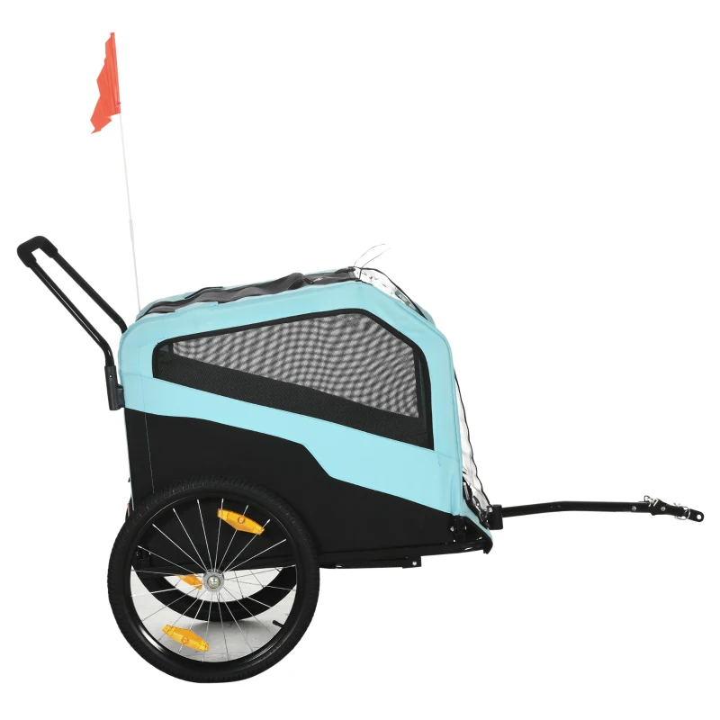 PawHut 2-in-1 Hundeanhänger Hundewagen Fahrradanhänger bis 30kg klappbar Schiebefunktion 2 Eingänge Netzfenster Sonnenschutz Stahlrahmen hellblau 170 x 77 x 90 cm