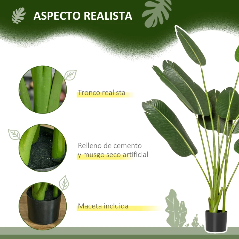 HOMCOM 2 Plantas Artificiales de 160 cm Bananera con Maceta y 10 Hojas Realistas para Decoración en Interior Verde