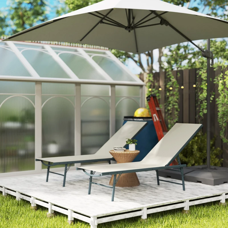 Outsunny Juego de 2 Tumbonas Plegables Reclinables en 5 Posiciones con Estructura Metálica y Asiento de Malla Transpirable Crema