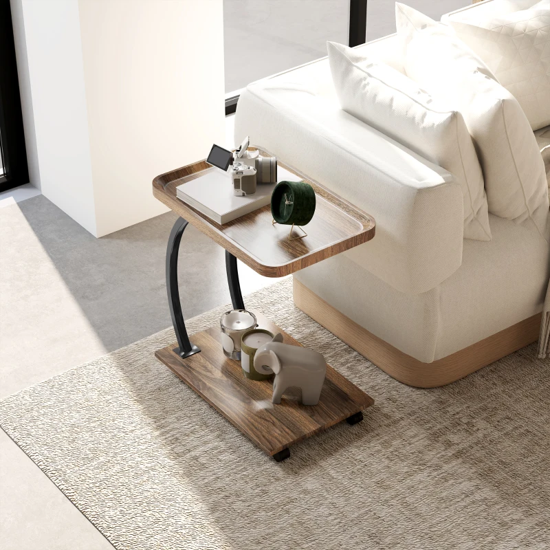 HOMCOM Mesa Auxiliar en Forma de C con Ruedas Bandeja Superior y Estante Inferior para Sofá o Cama 52x34x60 cm Marrón y Negro