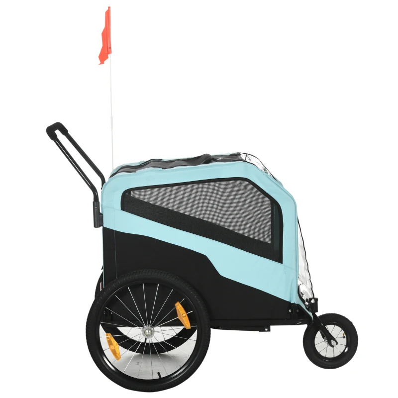PawHut 2-in-1 Hundeanhänger Hundewagen Fahrradanhänger bis 30kg klappbar Schiebefunktion 2 Eingänge Netzfenster Sonnenschutz Stahlrahmen hellblau 170 x 77 x 90 cm