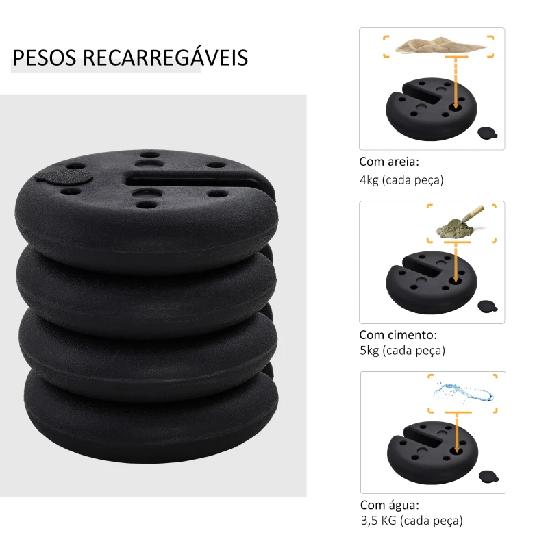 Outsunny Conjunto de 4 Pesos para Pérgola Recarregável Água Areia Cimento Base para Pérgola Φ25x6cm Preto