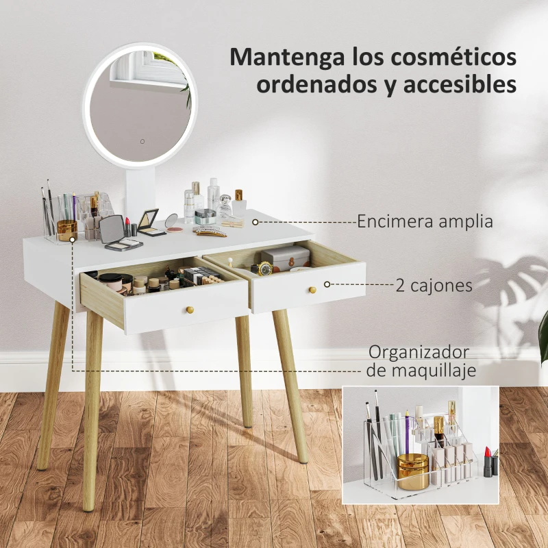 HOMCOM Tocador con Espejo Redondo Luces LED Ajustables y Taburete Acolchado con 2 Cajones y Organizador de Maquillaje Blanco
