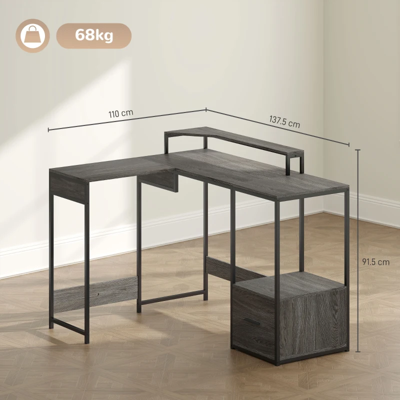 HOMCOM Industrial 'L' Shaped Multi-Work Desk - Charcoal Grey