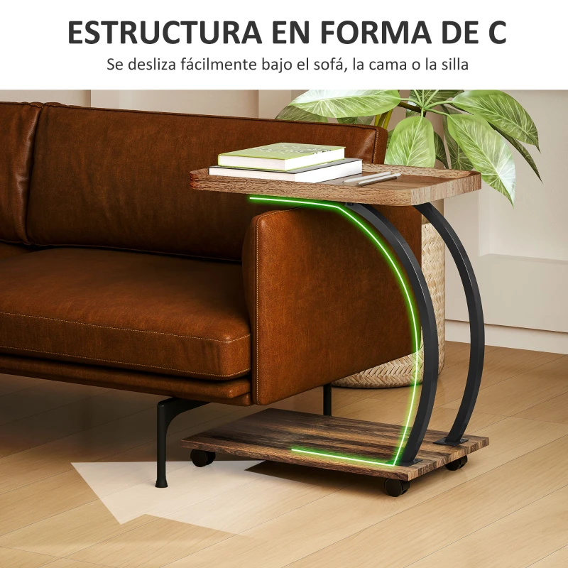 HOMCOM Mesa Auxiliar en Forma de C con Ruedas Bandeja Superior y Estante Inferior para Sofá o Cama 52x34x60 cm Marrón y Negro