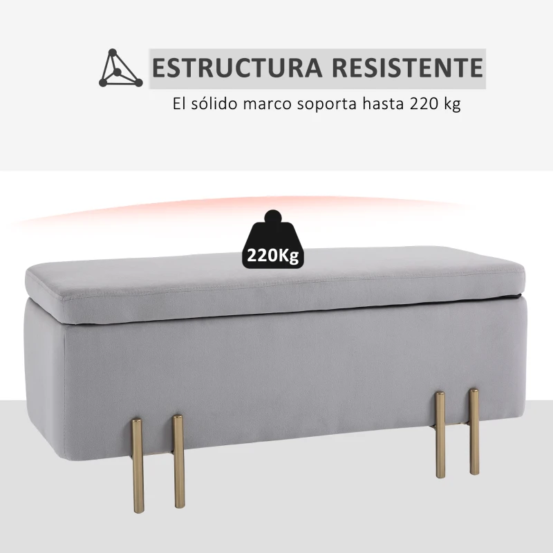 HOMCOM Baúl de Almacenaje para Dormitorio 70L Tapizado en Terciopelo con Patas de Metal 100x40x42 cm Gris Claro