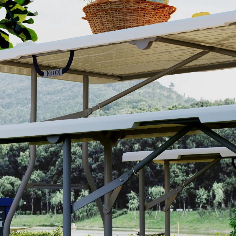 Outsunny Set da Pic Nic Pieghevole a 3 Pezzi con Tavolo e 2 Panche in HDPE e Metallo, Bianco e Grigio Chiaro